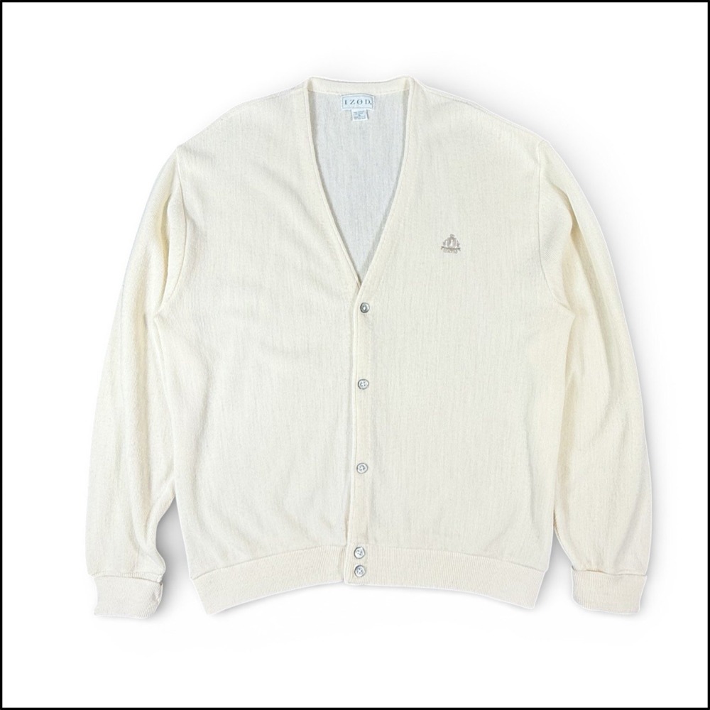 Vintage IZOD Men Cream Cardigan Sweater Logo Crest USA XL Grandpacore Preppy 80s